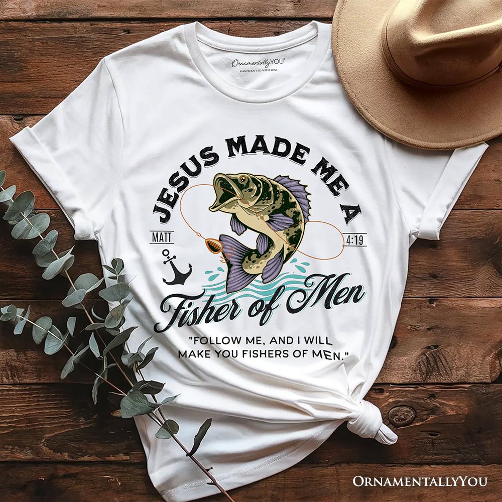 Fisher of Men Christian T-Shirt, Matthew 4:19 Bible Verse Fisherman Tee T-Shirts OrnamentallyYou White XS 