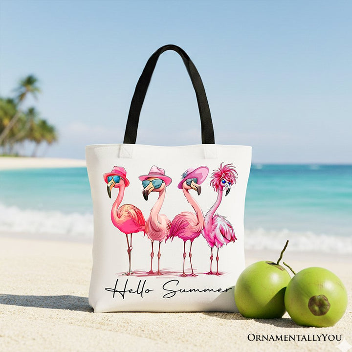 Flamingo Hello Summer Canvas Tote Bag, Retro Gift Shopper with Tropical Birds Tote Bag OrnamentallyYou Black Handle 