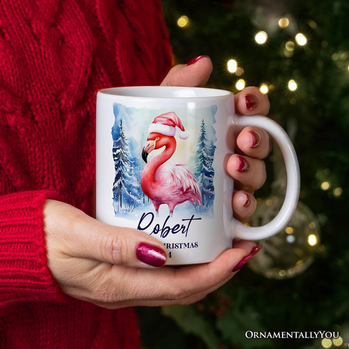 Flamingo with Santa Hat Personalized Mug, Winter Forest Christmas Gift With Custom Name and Date