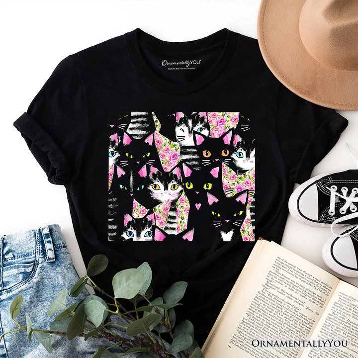 Floral Black And Pink Cats Pattern Cute T-Shirt, Kitten Collage Tee for Cat Lovers