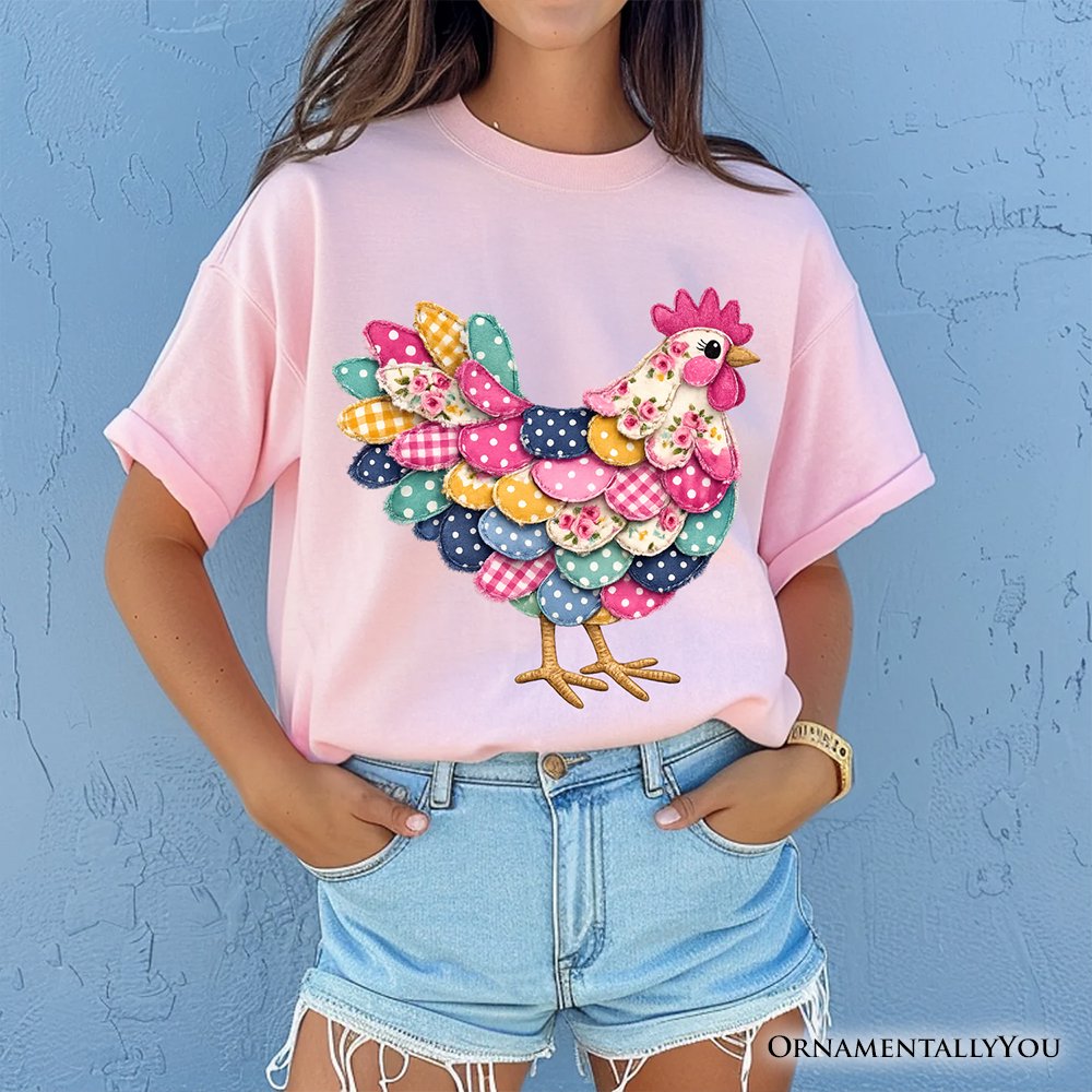 Floral Chicken Printed Faux Patchwork T-Shirt, Coquette Hen Farmhouse Tee T-Shirts OrnamentallyYou 