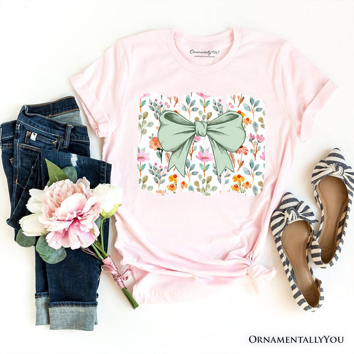 Floral Coquette Bow T-Shirt, Cute Spring Preppy Girly Flowers Tee T-Shirts OrnamentallyYou Soft Pink XS 