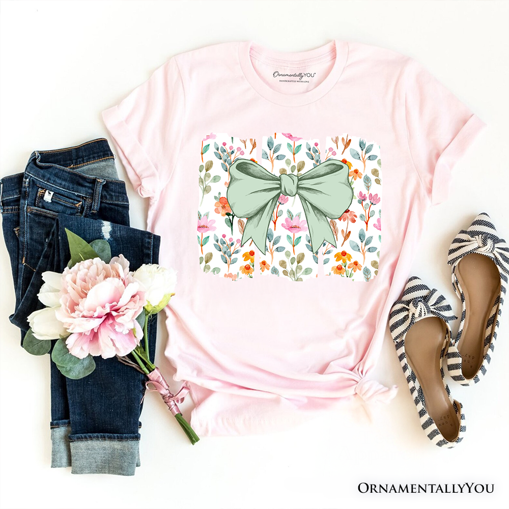 Floral Coquette Bow T-Shirt, Cute Spring Preppy Girly Flowers Tee