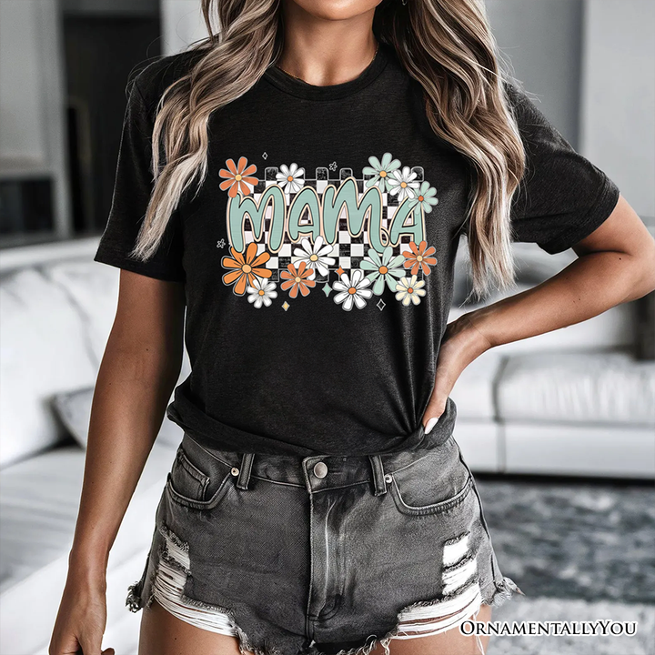 Floral Mama Checkered T-Shirt, White, Natural and Black Retro Tee for Stylish Mothers