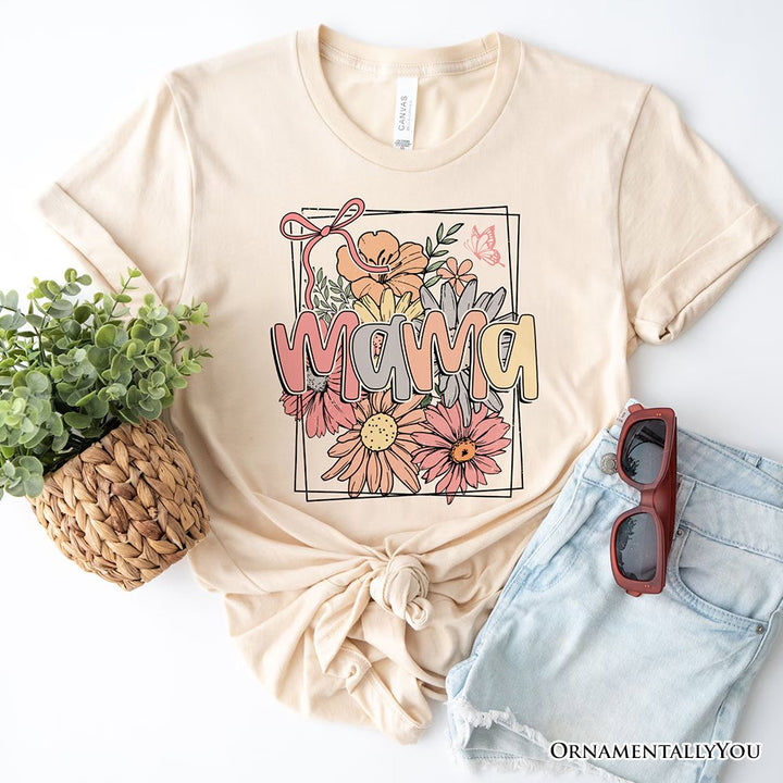 Floral Mama Coquette Bow Pastel T-Shirt, White and Natural Boho Tee With Spring Flower T-Shirts OrnamentallyYou Natural XS 