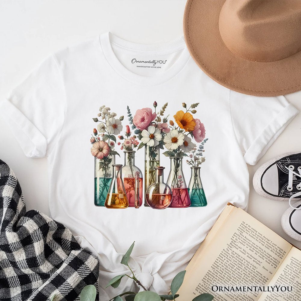 Floral Science Lab Beakers T-Shirt, Flowers Chemistry Scientist Tee T-Shirts OrnamentallyYou White XS 