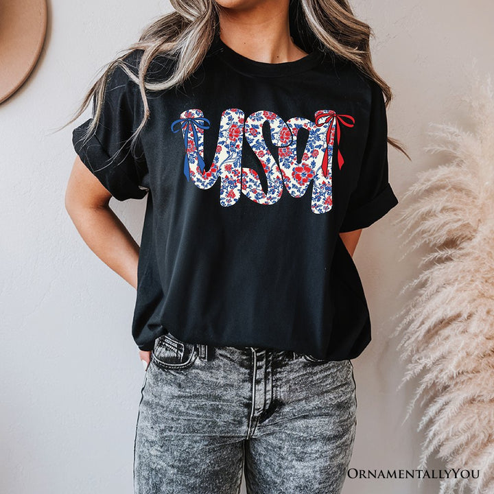 Floral USA Patriotic T-Shirt, 4th of July White, Natural and Black Tee for Stylish Women T-Shirts OrnamentallyYou 