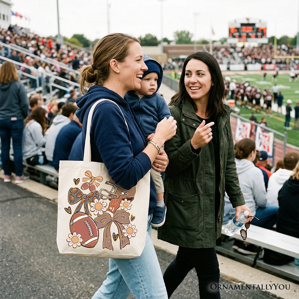 Football Mom Coquette Bow Daisy Tote Bag, Retro Fall Game Day Preppy Gift Shopper Tote Bag OrnamentallyYou 