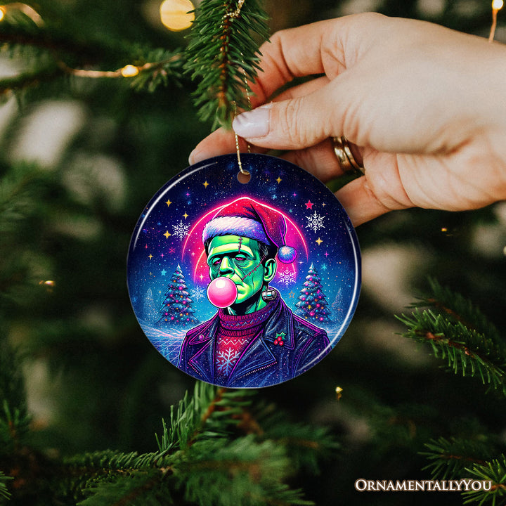 Frankenstein Christmas Vaporwave Ornament, Retro Neon Holiday Gift and Tree Decor