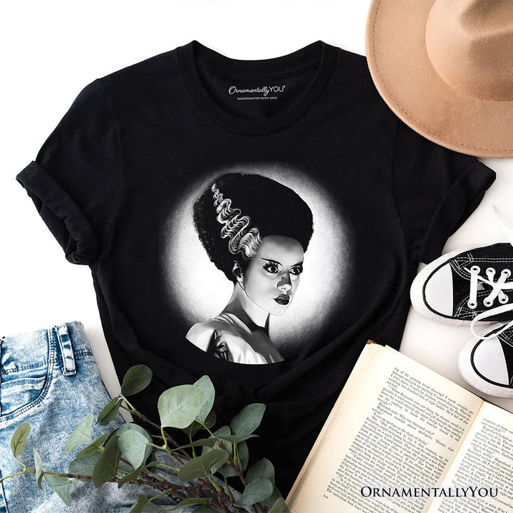 Frankenstein's Bride Spooky Portrait T-Shirt, Horror Villain Theme Halloween Tee T-Shirts OrnamentallyYou Black XS 