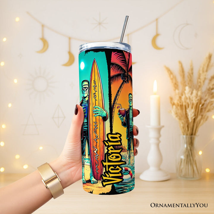 Frankenstein's Summer Beach Vacation 20oz Personalized Tumbler With Lid and Stainless Steel Straw, Retro Horror Neon Surf Gift Cup Tumbler OrnamentallyYou 