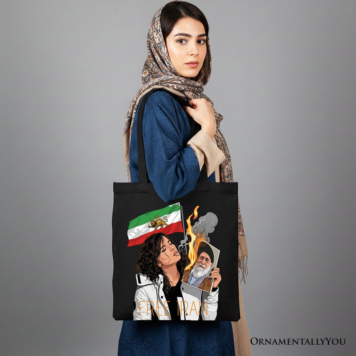 Free Iran Protest Canvas Tote Bag, Lion and Sun Flag Persian Freedom Activist Gift Shopper OrnamentallyYou 