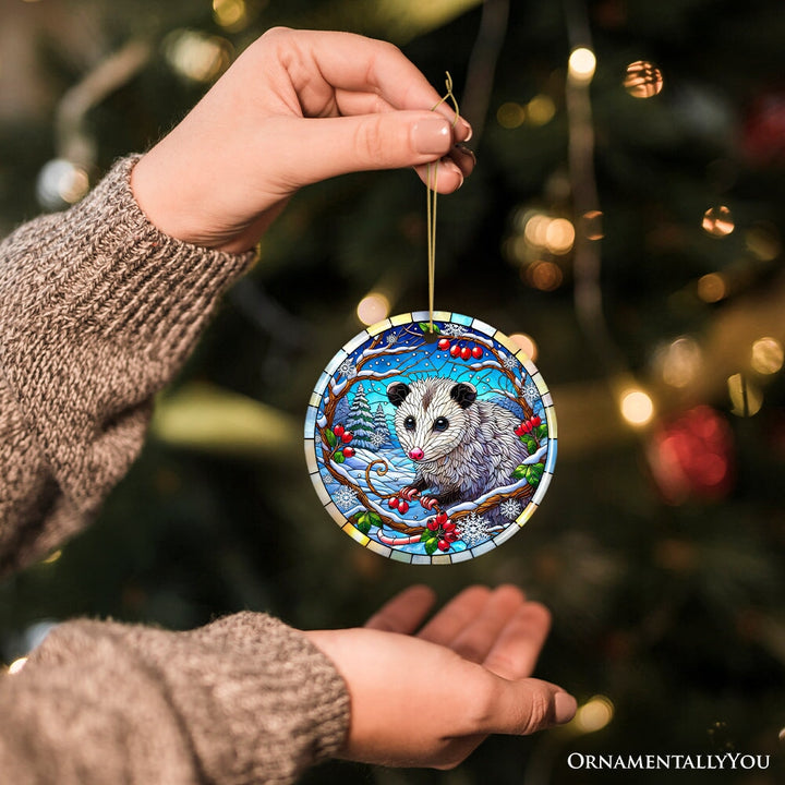 Frosty Possum in Berry Branches Ornament, Playful Winter Wonderland for Holiday Tree Decor Ceramic Ornament OrnamentallyYou 