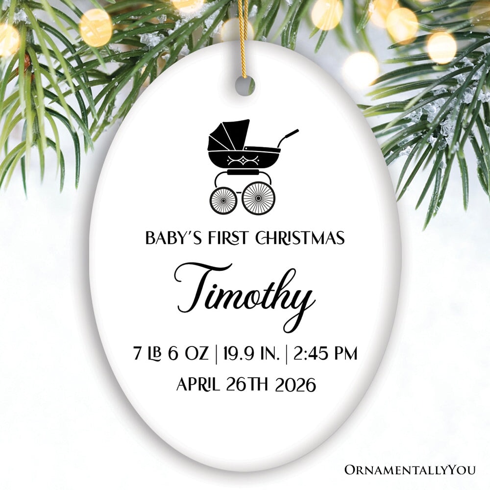 Fully Detailed Baby’s First Christmas Personalized Ornament with Weight and Birth Year Ceramic Ornament OrnamentallyYou 