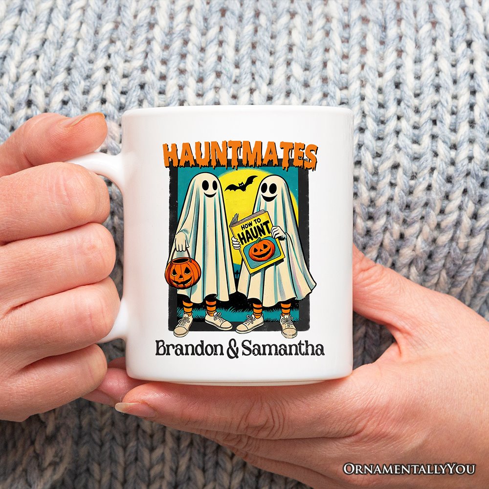 Funny Retro Ghosts Hauntmates Personalized Mug, Vintage Best Friend Halloween Gift with Custom Names Personalized Ceramic Mug OrnamentallyYou 