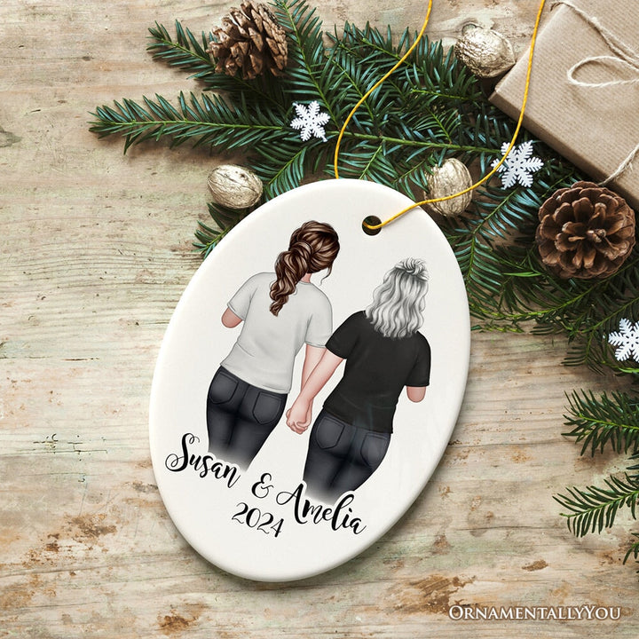 Gay Pride Women Couple with Rainbow Flag Personalized Christmas Ornament, LGBT and Lesbian Activism Ceramic Ornament OrnamentallyYou Oval 