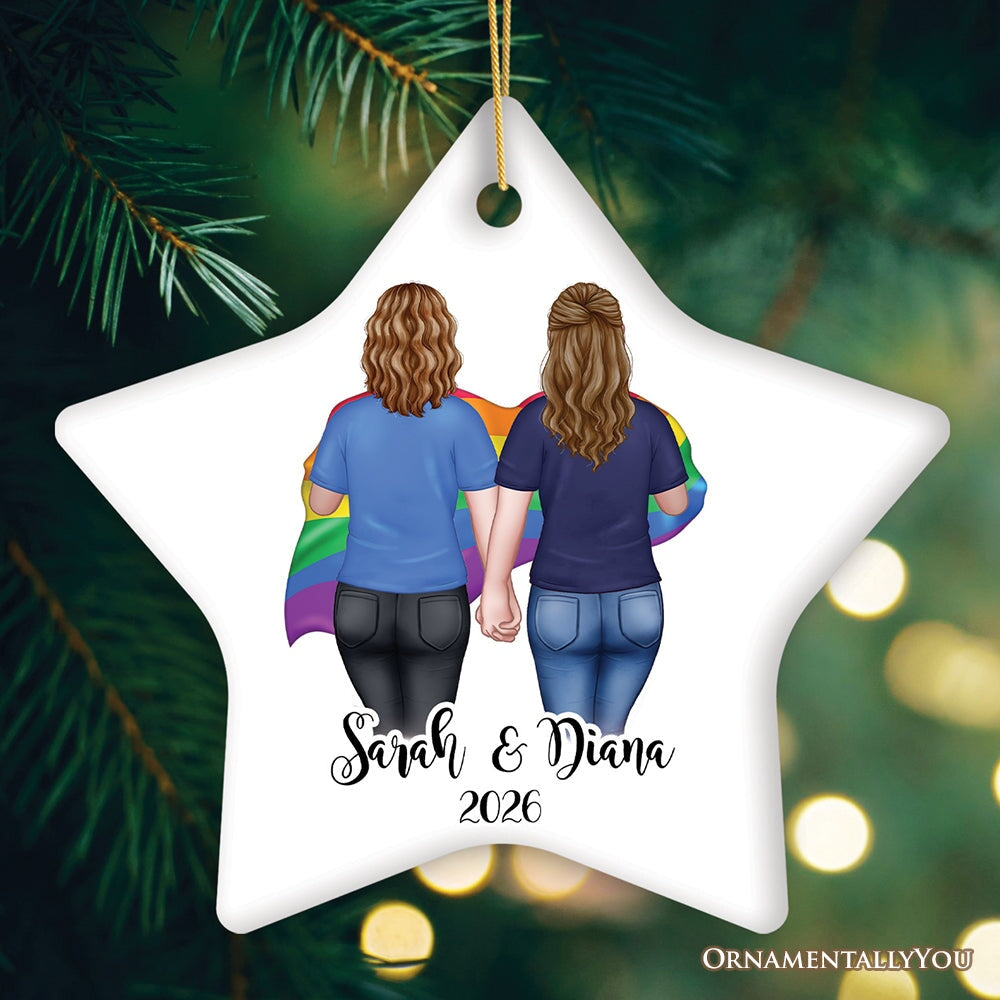 Gay Pride Women Couple with Rainbow Flag Personalized Christmas Ornament, LGBT and Lesbian Activism Ceramic Ornament OrnamentallyYou Star 