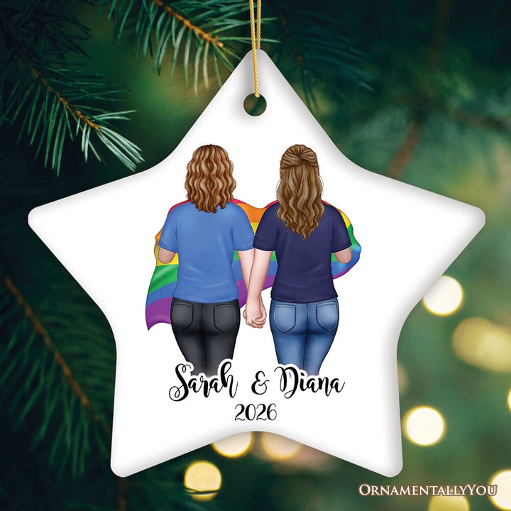 Gay Pride Women Couple with Rainbow Flag Personalized Christmas Ornament, LGBT and Lesbian Activism Ceramic Ornament OrnamentallyYou Star 