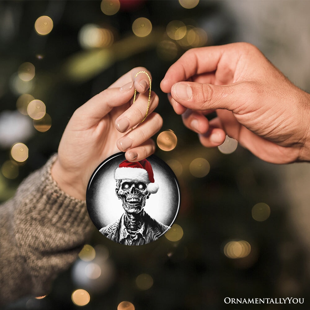 Ghastly Undead Zombie with Santa Hat Ornament, Eerie Christmas Gift for Horror Lovers Ceramic Ornament OrnamentallyYou 