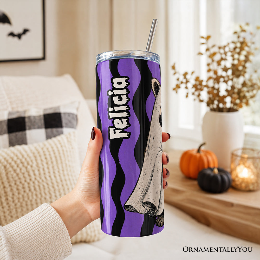 Ghost Costume Raccoon 20oz Personalized Tumbler With Lid and Stainless Steel Straw, Halloween Pumpkin Coffee Mug Gift Cup