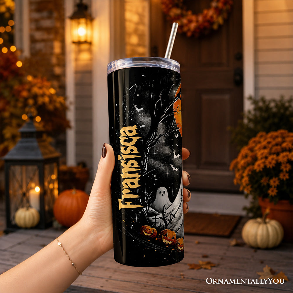 Ghost Night Halloween 20oz Personalized Tumbler With Lid and Stainless Steel Straw, Spooky Horror Gift Cup