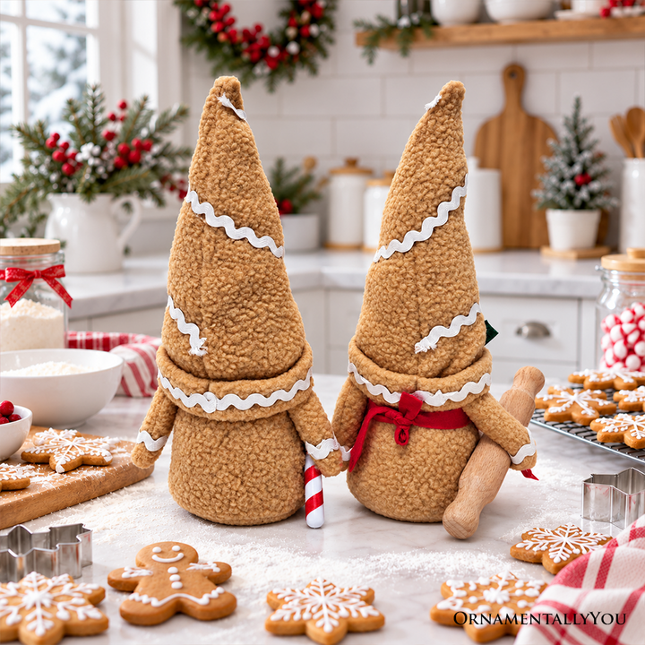 Gingerbread Christmas Plush Gnome Set of 2, Holiday 10.5" Baking Decor with Rolling Pin and Candy Cane