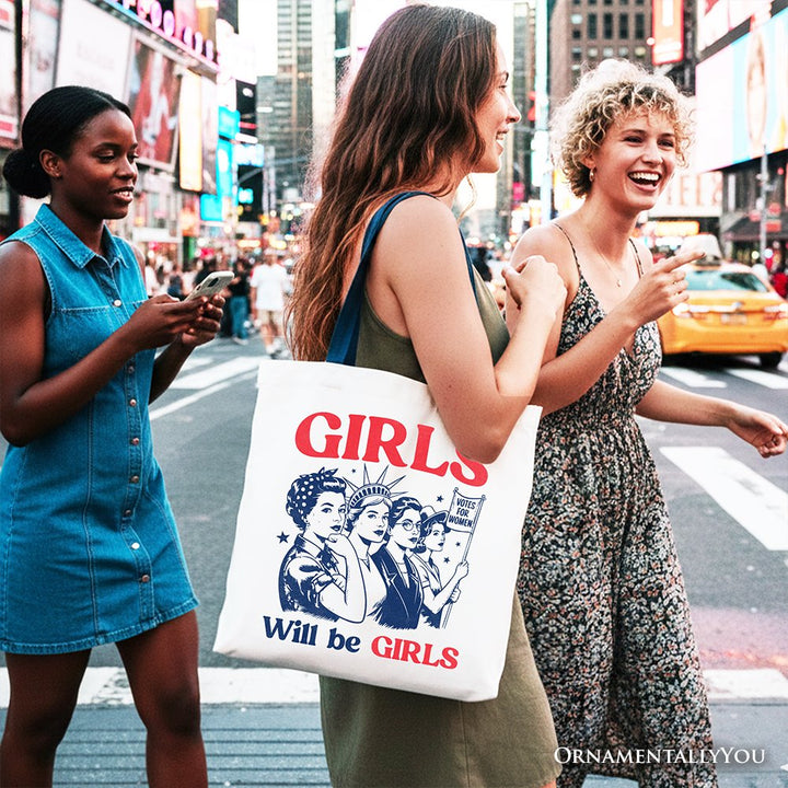 Girls Will Be Girls Patriotic Tote Bag, 4th of July Vintage Feminist Gift Shopper Tote Bag OrnamentallyYou 