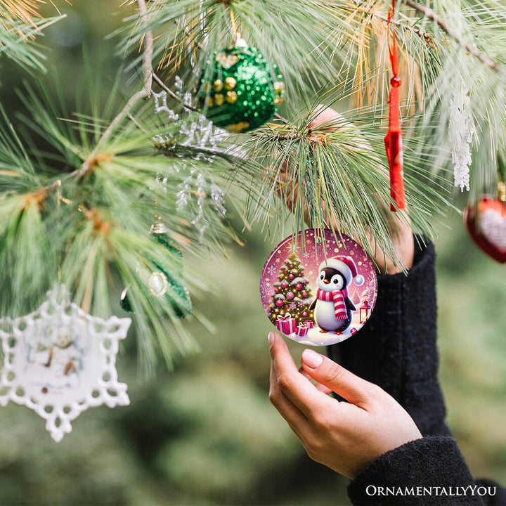Glistening Winter Penguin Pink Themed Ornament, Adorable Arctic Christmas Gift and Decor Ceramic Ornament OrnamentallyYou 