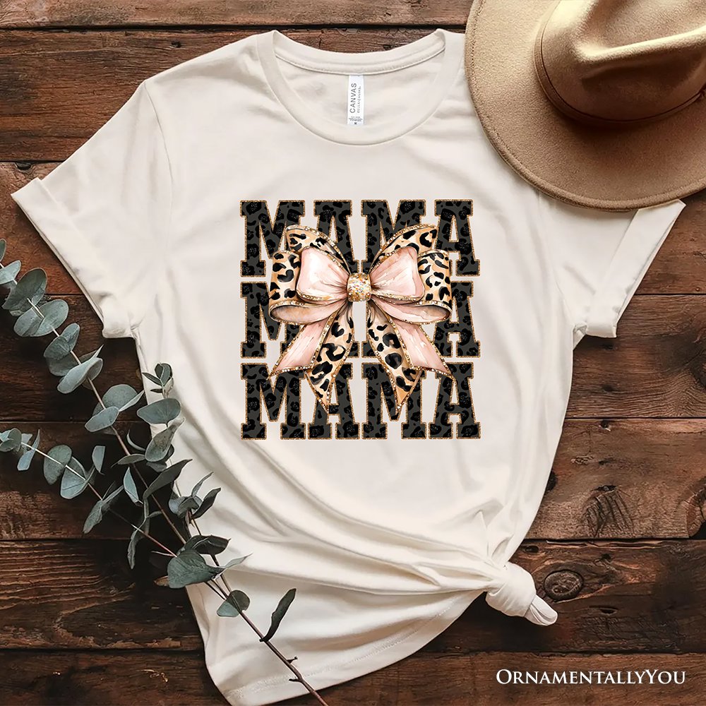 Glitter Leopard Mama T-Shirt, Coquette Bow Tee for Glam and Trendy Mothers T-Shirts OrnamentallyYou Natural XS 