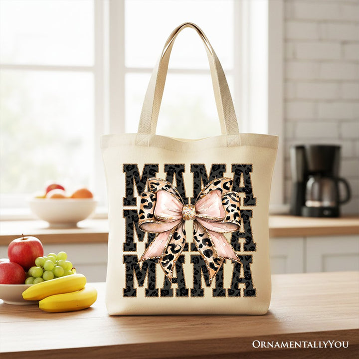 Glitter Leopard Mama Tote Bag, Coquette Bow Gift Shopper for Glam and Trendy Mothers Tote Bag OrnamentallyYou Beige 