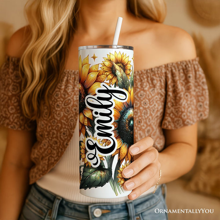 Glittered Sunflower Pattern 20oz Personalized Tumbler With Lid and Stainless Steel Straw, Yellow Summer Flowers Travel Mug Gift Tumbler OrnamentallyYou 