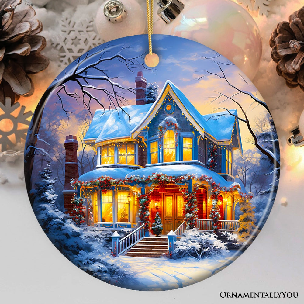 Glowing Winter Night Painting Ceramic Ornament, Warm and Inviting Christmas Tree Decor Ceramic Ornament OrnamentallyYou Circle 