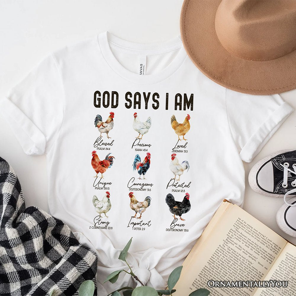 God Says I Am Christian T-Shirt, Rooster and Chicken White Tee for Farm Style Lovers T-Shirts OrnamentallyYou White XS 