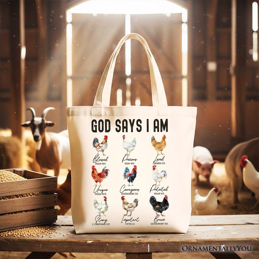 God Says I Am Christian Tote Bag, Rooster and Chicken Gift Shopper for Farm Style Lovers Tote Bag OrnamentallyYou Beige 
