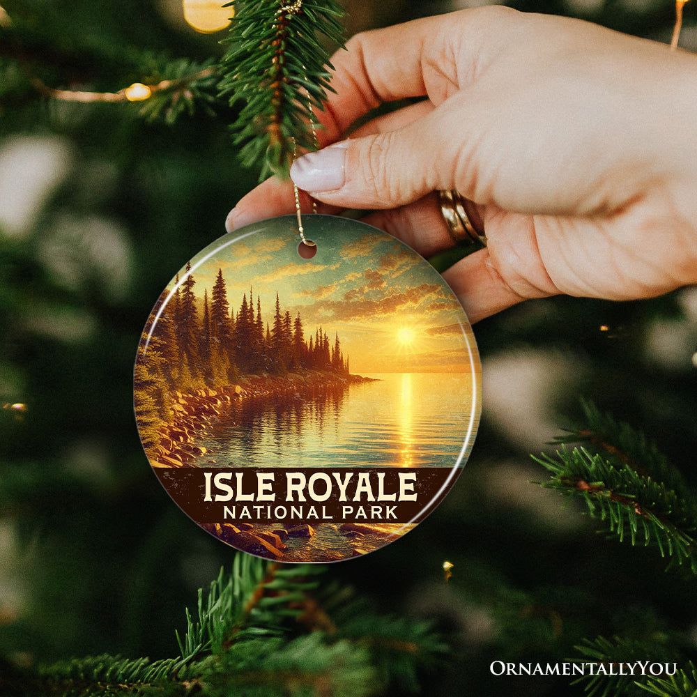 Golden Isle Royale National Park Ornament, Michigan Lake Superior Sunset Shoreline Christmas Gift and Remote Island Wilderness Keepsake