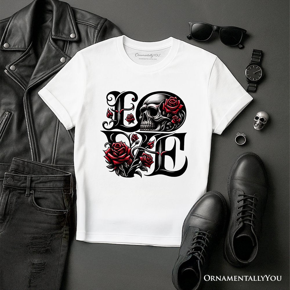 Gothic Love Skull Roses T-Shirt, Dark Valentine Romance Tee T-Shirts OrnamentallyYou White XS 