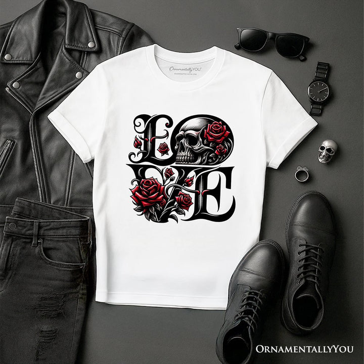 Gothic Love Skull Roses T-Shirt, Dark Valentine Romance Tee T-Shirts OrnamentallyYou White XS 