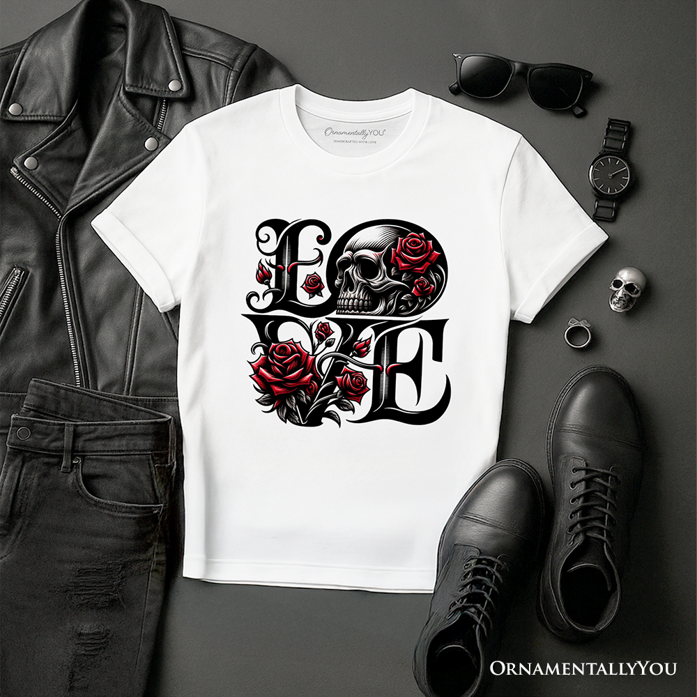 Gothic Love Skull Roses T-Shirt, Dark Valentine Romance Tee