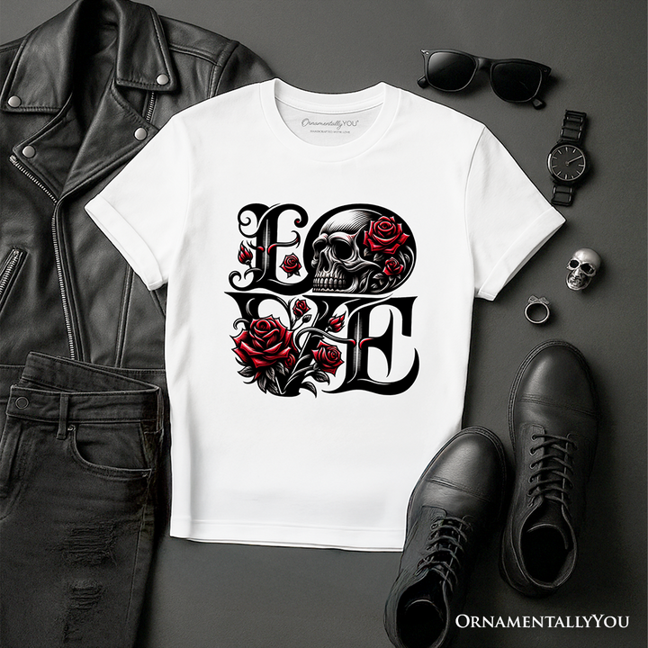 Gothic Love Skull Roses T-Shirt, Dark Valentine Romance Tee