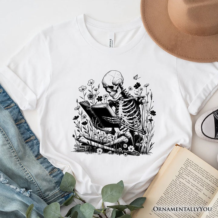 Gothic Reading Skeleton T-Shirt, Floral Halloween Tee for Spooky Bookworms T-Shirts OrnamentallyYou White XS 