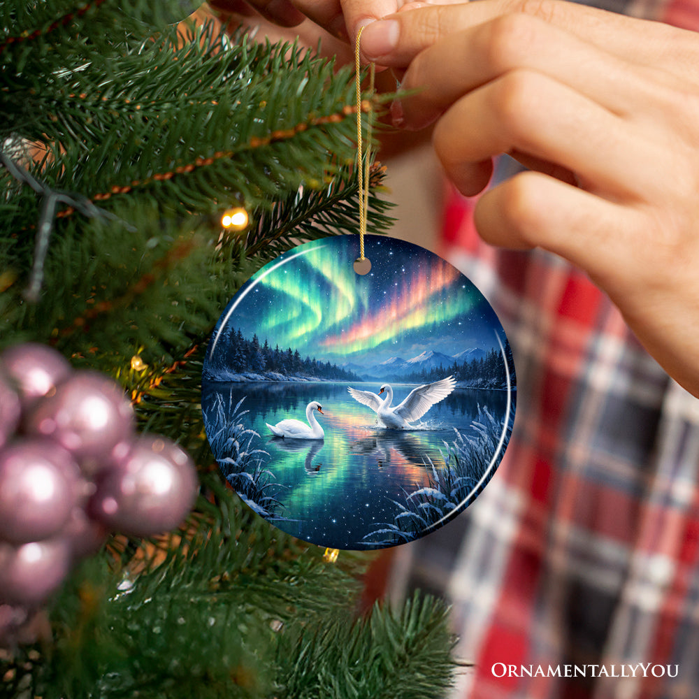 Graceful Aurora White Swans Ceramic Ornament, Northern Lights Birds on a Lake Gift and Tree Decor