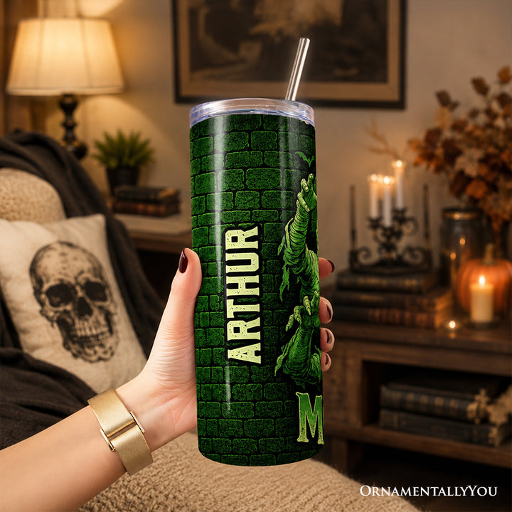 Green Retro Monsters 20oz Personalized Tumbler With Lid and Stainless Steel Straw, Vintage Classic Horror Halloween Gift Cup
