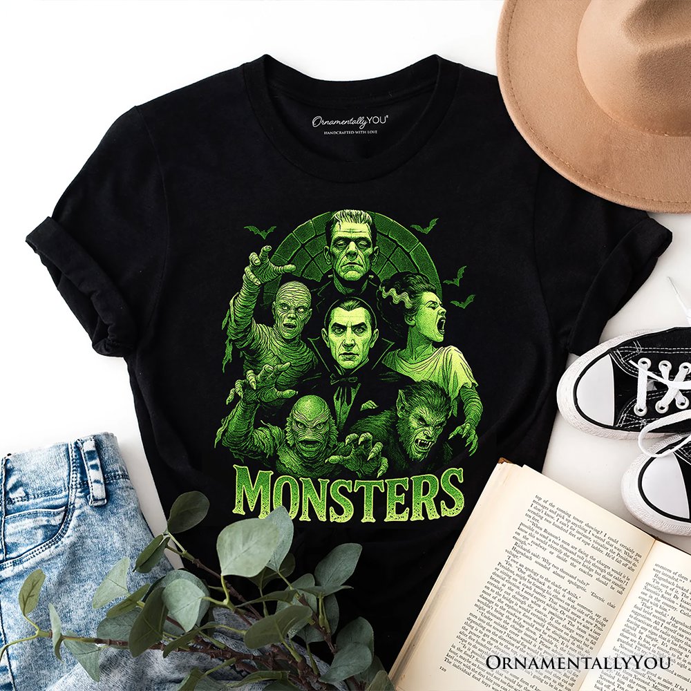 Green Retro Monsters T-Shirt, Vintage Classic Horror Halloween Tee T-Shirts OrnamentallyYou Black XS 