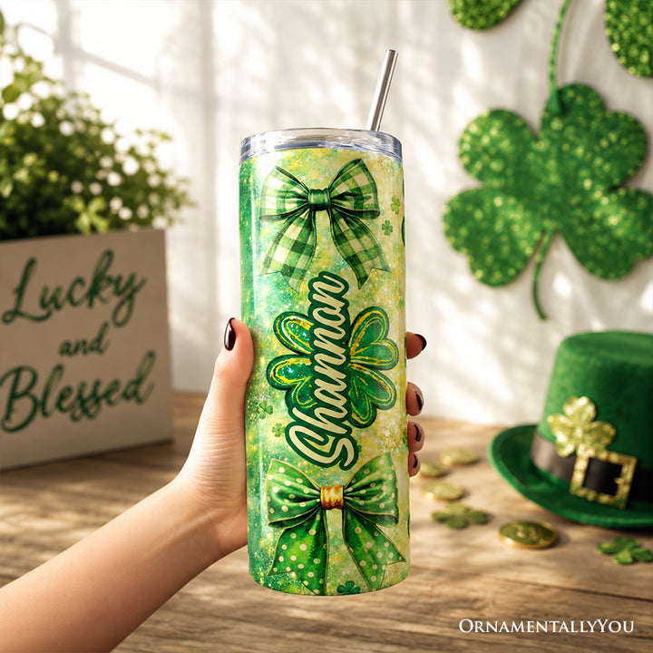 Green Shamrock Bow Pattern 20oz Personalized Tumbler With Lid and Stainless Steel Straw, Coquette St Patrick Gift Cup