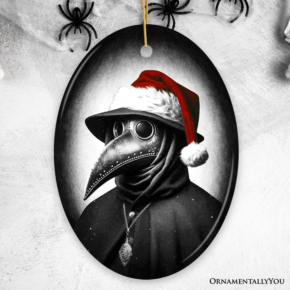 Grim Plague Doctor With Santa Hat Ceramic Ornament, Dark Christmas Keepsake for Halloween Tree Ceramic Ornament OrnamentallyYou Oval 