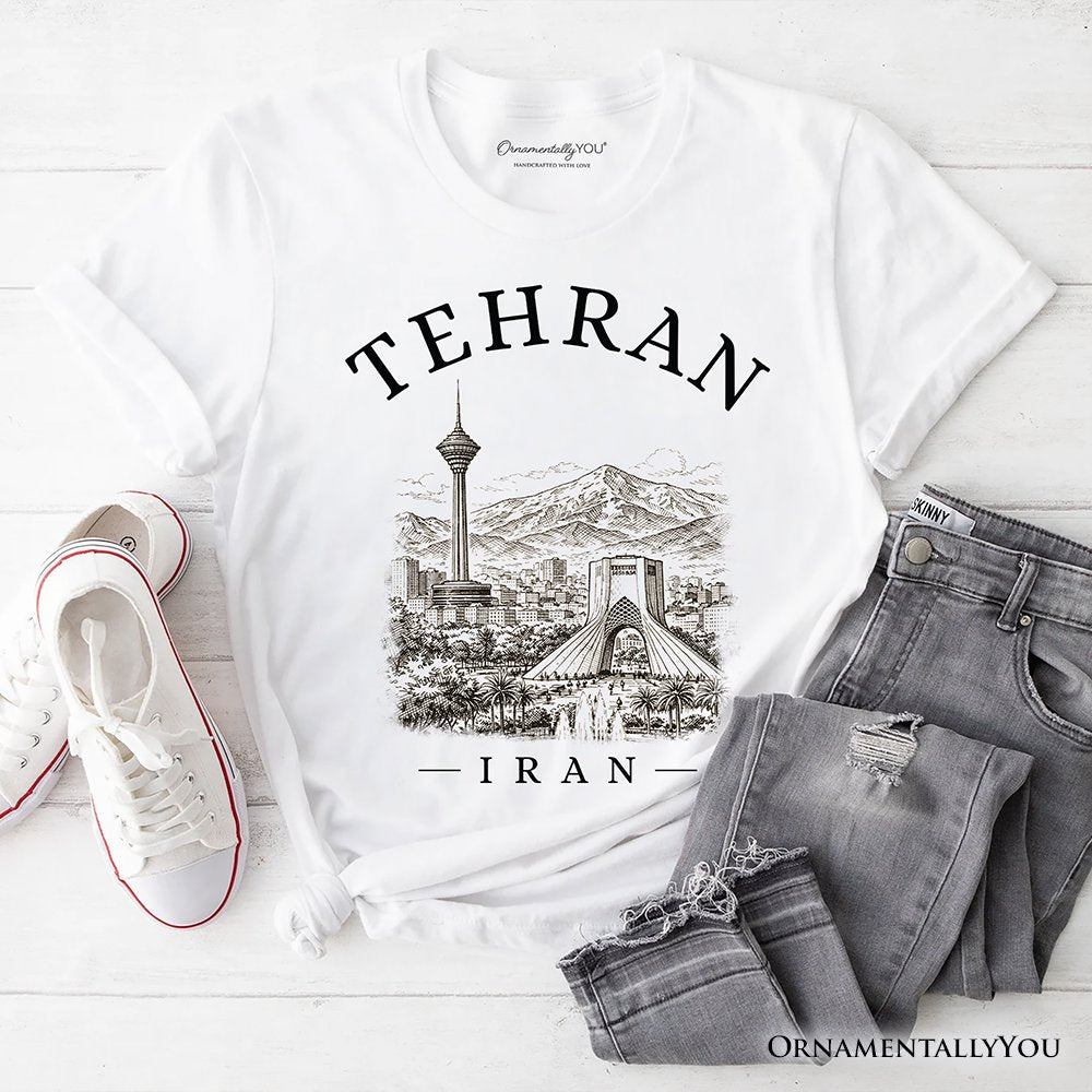 Hand-sketch Tehran Cityscape T-Shirt, Iran Landmarks Azadi and Milad Tower Tee T-Shirts OrnamentallyYou White XS 