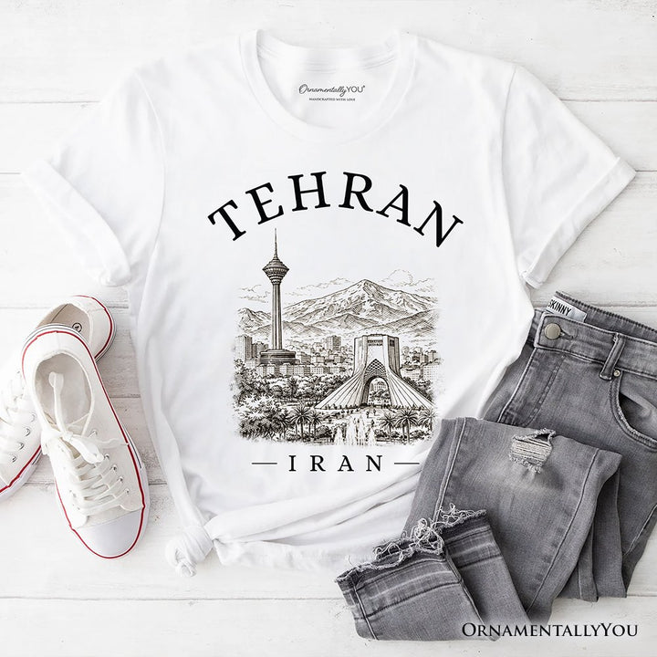 Hand-sketch Tehran Cityscape T-Shirt, Iran Landmarks Azadi and Milad Tower Tee T-Shirts OrnamentallyYou White XS 