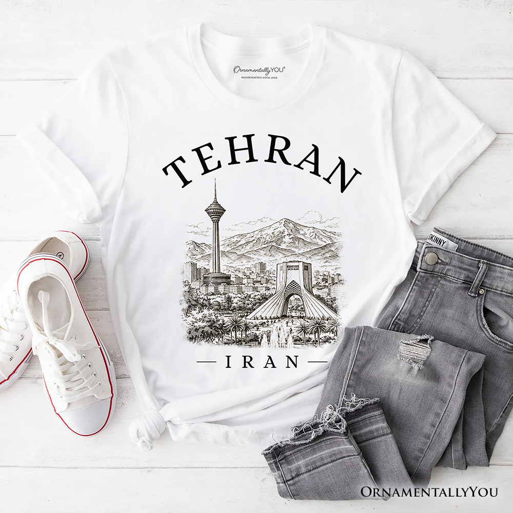 Hand-sketch Tehran Cityscape T-Shirt, Iran Landmarks Azadi and Milad Tower Tee