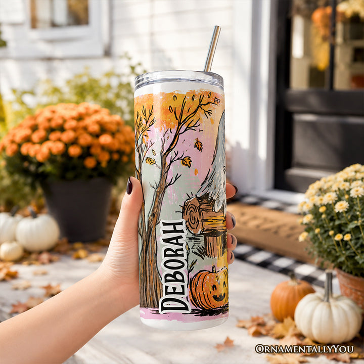 Handdrawn Camping Boo Ghost 20oz Personalized Tumbler With Lid and Stainless Steel Straw, Cozy Autumn Halloween Gift Cup