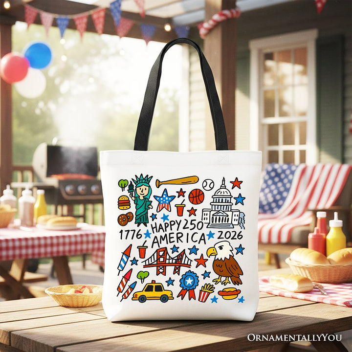 Happy 250 America Doodle Tote Bag, Patriotic USA 1776-2026 250th Anniversary Gift Shopper Tote Bag OrnamentallyYou Black Handle 
